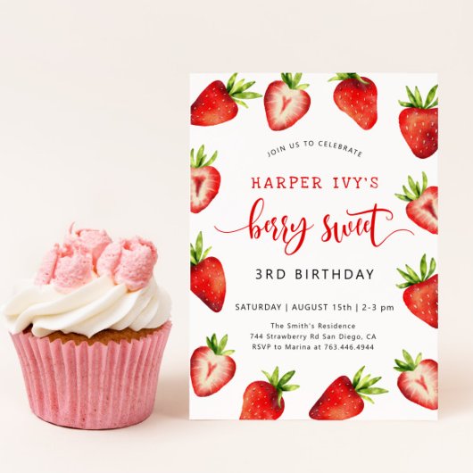Invitation Fille des fraises fête d'anniversaire | Berry Swee