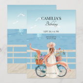 Invitation Fille d'été Blue Ocean avec bicyclette (Devant / Derrière)
