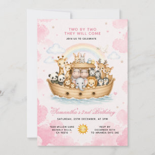 Invitation Fille Deux Par Deux Aquarelle Rose Arche De Noé