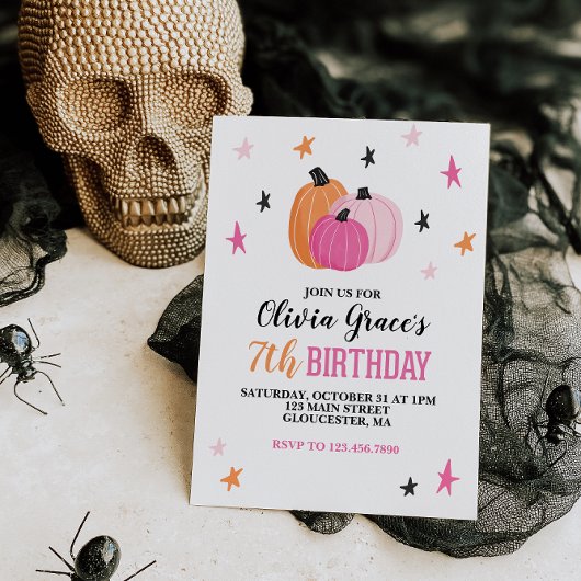 Invitation Fille d'Halloween Anniversaire Citrouille rose Éto