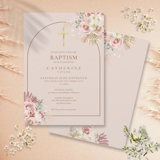 Invitation Fille d'herbe de Pampas en or rose Baptême Christe