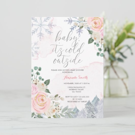 Invitation Fille d'hiver rose Il fait froid dehors Baby showe (Debout devant)