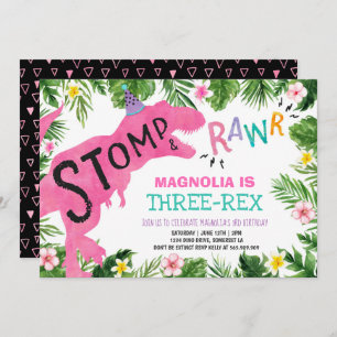 Invitation Fille Dino d'invitation d'anniversaire de