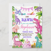 Invitation Fille Dinosaur Trois Rex 3e Anniversaire Fête Rose (Devant)
