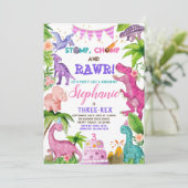 Invitation Fille Dinosaur Trois Rex 3e Anniversaire Fête Rose (Debout devant)