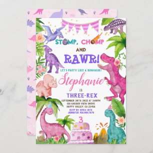 Invitation Fille Dinosaur Trois Rex 3e Anniversaire Fête Rose