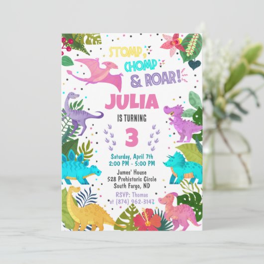 Invitation fille dinosaure rose (Debout devant)