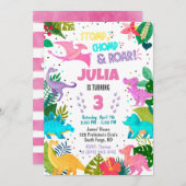Invitation fille dinosaure rose (Devant / Derrière)
