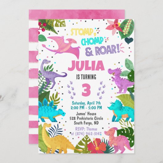 Invitation fille dinosaure rose (Devant / Derrière)