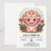 Invitation Fille Dinosaure Rose Bohème Anniversaire (Devant / Derrière)