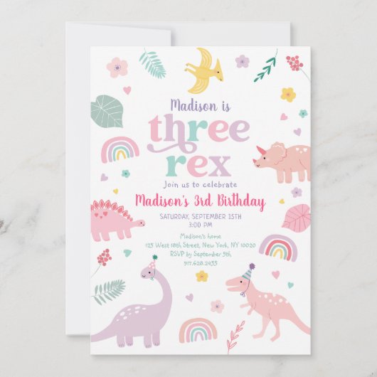 Invitation Fille Dinosaure Rose Trois Rex Anniversaire (Devant)
