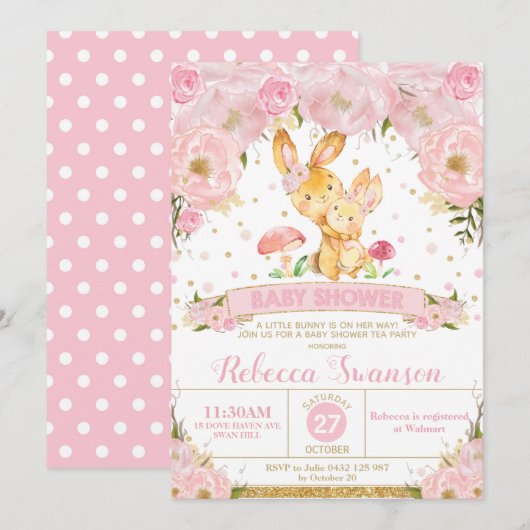 Invitation Fille d'invitation au Baby shower floral de Lapin (Devant / Derrière)