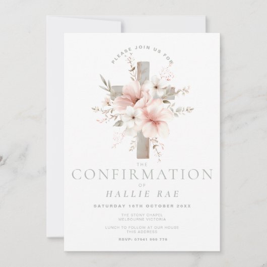 Invitation Fille d'invitation de confirmation, croix florale  (Devant)