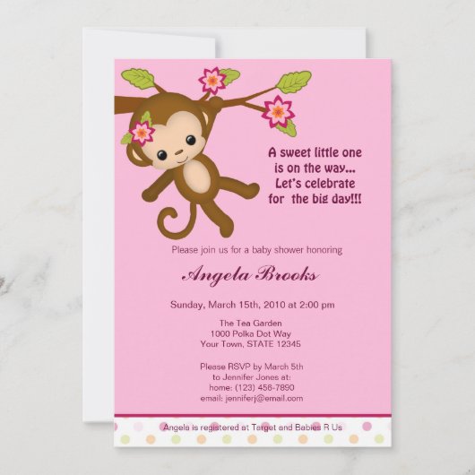 Invitation Fille d'invitations de baby shower de Mlle Monkey (Devant)