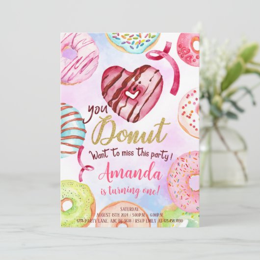 Invitation Fille Donut 1er anniversaire (Debout devant)