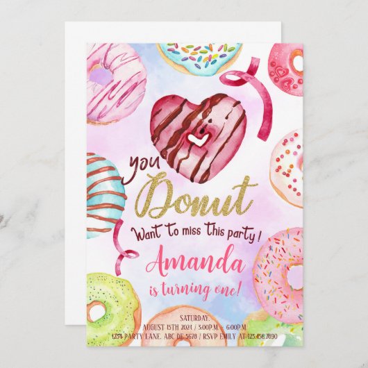 Invitation Fille Donut 1er anniversaire (Devant / Derrière)