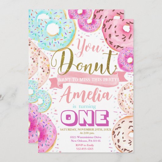 Invitation Fille Donut fête d'anniversaire (Devant / Derrière)