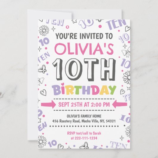 Invitation Fille Doodle 10e anniversaire (Devant)