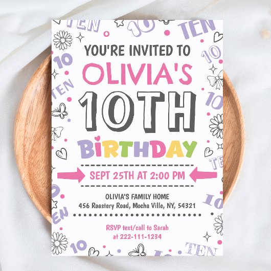 Invitation Fille Doodle 10e anniversaire