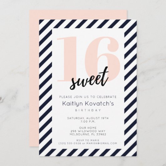 Invitation Fille douce 16 Seizième fête d'anniversaire (Devant / Derrière)