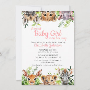 Invitation Fille Douce Bébé Animaux de Safari Baby Shower