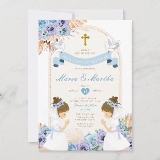 Invitation Fille DOUCE Priant Première Sainte Communion Bleu  (Devant)