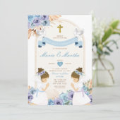 Invitation Fille DOUCE Priant Première Sainte Communion Bleu  (Debout devant)