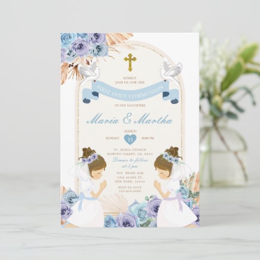 Invitation Fille DOUCE Priant Première Sainte Communion Bleu  (Debout devant)