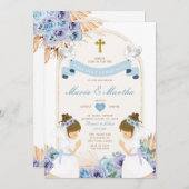 Invitation Fille DOUCE Priant Première Sainte Communion Bleu  (Devant / Derrière)