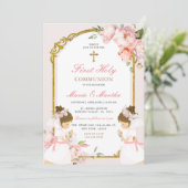Invitation Fille DOUCE Priant Première Sainte Communion Rose  (Debout devant)