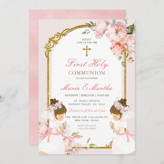 Invitation Fille DOUCE Priant Première Sainte Communion Rose (Devant / Derrière)