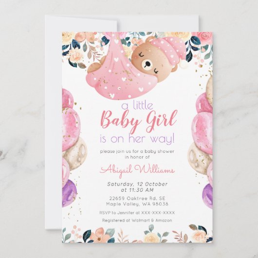 Invitation Fille d'ours rose sur son chemin, Baby shower flor (Devant)