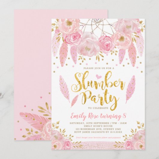Invitation Fille Dreamcatcher Pink Gold Floral Stwood Party (Devant / Derrière)