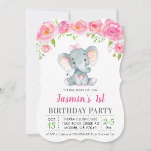 Invitation Fille du 1er anniversaire floral éléphant rose fêt