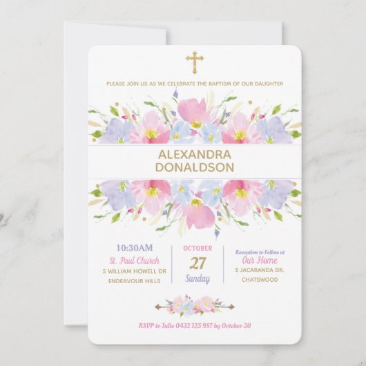 Invitation Fille du baptême floral (Devant)