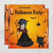 Invitation Fille du diable, Pitchfork & Cat Halloween (Devant / Derrière)