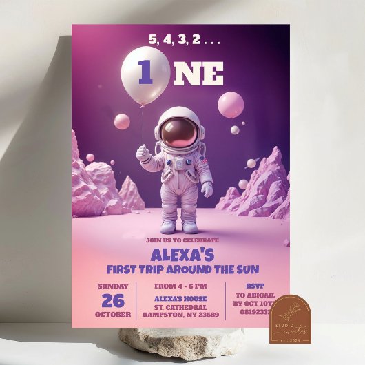 Invitation Fille du premier anniversaire astronaute rose espa