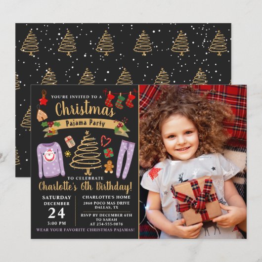 Invitation Fille du pyjama de Noël Anniversaire Photo (Devant / Derrière)