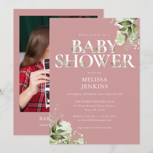 Invitation Fille Dusty Rose vert rose Baby shower rose (Devant / Derrière)