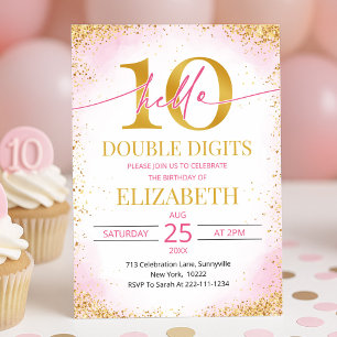 Invitation Fille élégante rose à deux chiffres pour son 10ème