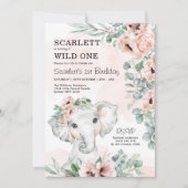 Invitation Fille Eléphant 1er anniversaire Blush Floral Eucal (Devant)