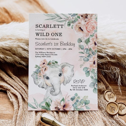 Invitation Fille Eléphant 1er anniversaire Blush Floral Eucal