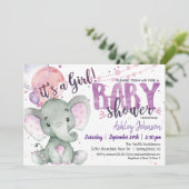Invitation Fille Eléphant Baby shower pourpre, Lavande (Debout devant)