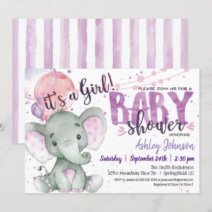Invitation Fille Eléphant Baby shower pourpre, Lavande