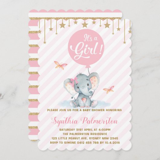 Invitation Fille Eléphant Baby shower rose Gold Star Invitati (Devant / Derrière)