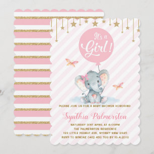 Invitation Fille Eléphant Baby shower rose Gold Star Invitati