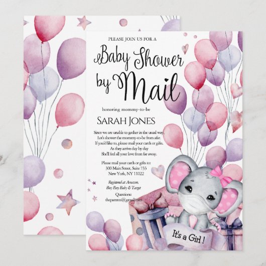 Invitation Fille Eléphant Ballons rose Baby shower par courri (Devant / Derrière)