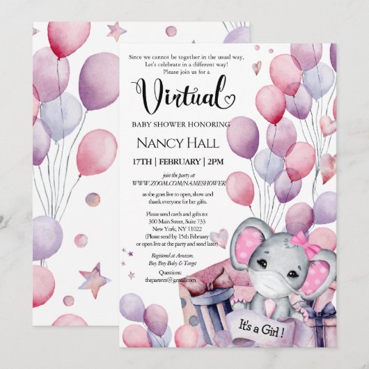 Invitation Fille Eléphant Ballons rose Baby shower virtuel (Devant / Derrière)