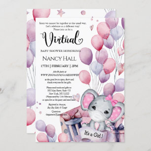 Invitation Fille Eléphant Ballons rose Baby shower virtuel