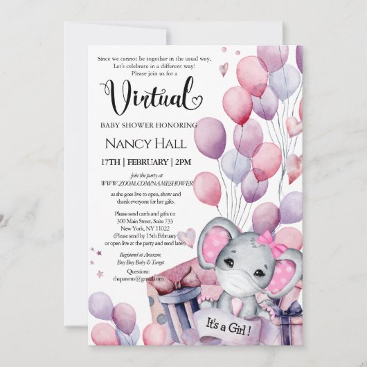 Invitation Fille Eléphant Ballons rose Baby shower virtuel (Devant)